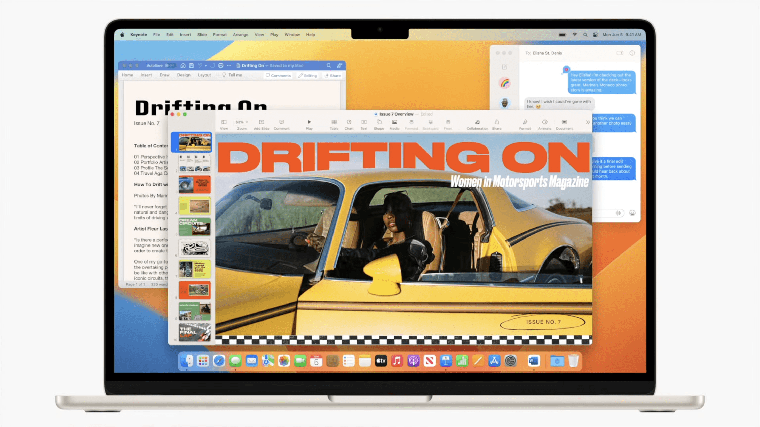 2023 MacBook Air displaying a magazine cover titled 'Drifting On' and a Keynote presentation.