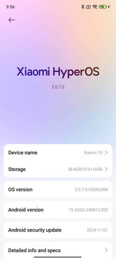 Xiaomi HyperOS version 2.0.7.0 on Xiaomi 15, showing device and storage details, Android version, and security update.