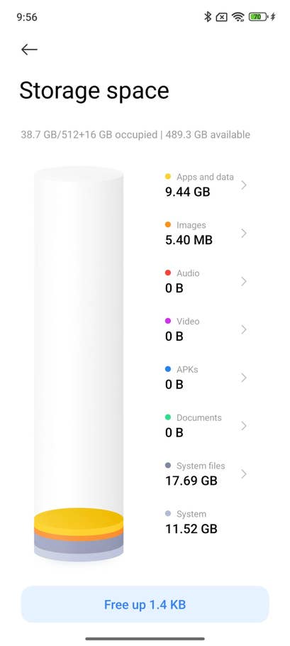 Storage space screen showing 38.7 GB used of 512+16 GB, with details on apps, images, and system files.