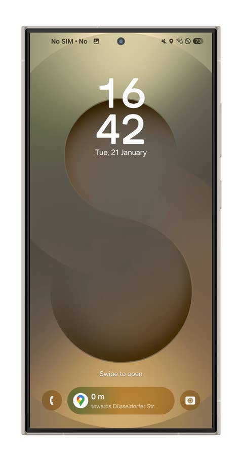 Samsung phone lock screen displaying time and date, with a navigation prompt.