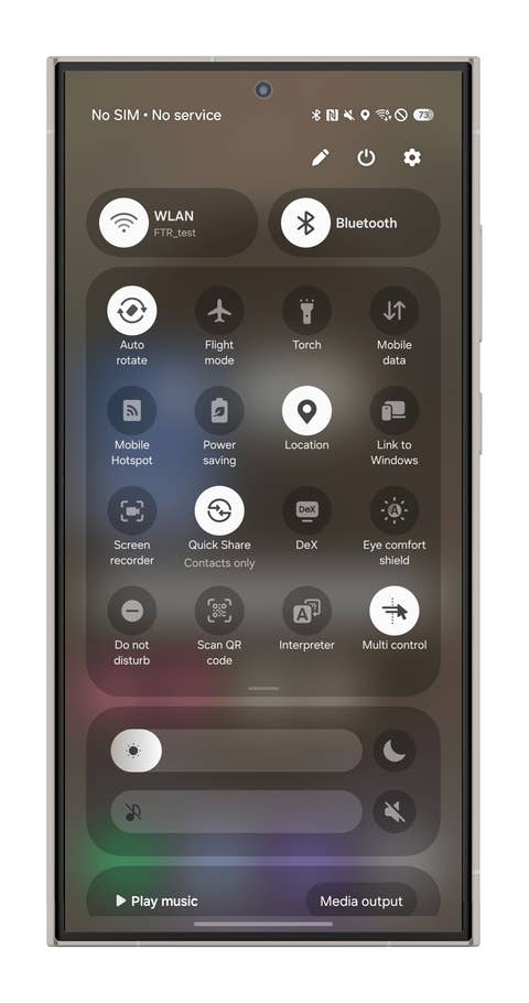 Samsung One UI 7 notification panel showing WLAN, Bluetooth, and various settings options.