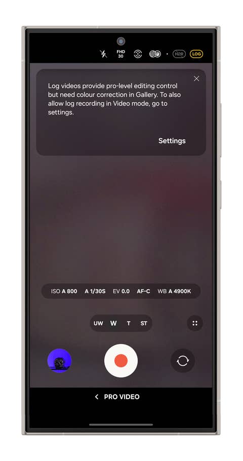 Camera interface showing log video settings and recording controls.