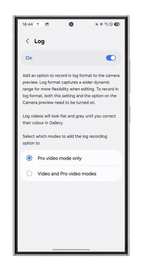 Settings screen for enabling log recording in camera with options for video modes.