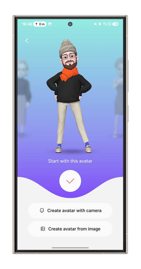 Avatar creation screen with a customizable avatar and options to create with camera or image.