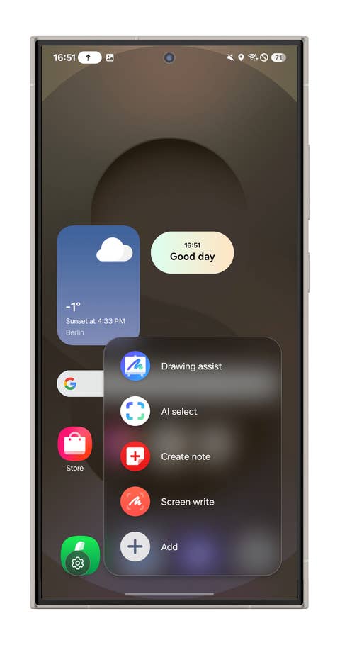 Samsung One UI 7 interface displaying the time, weather, and options like Drawing assist and Create note.