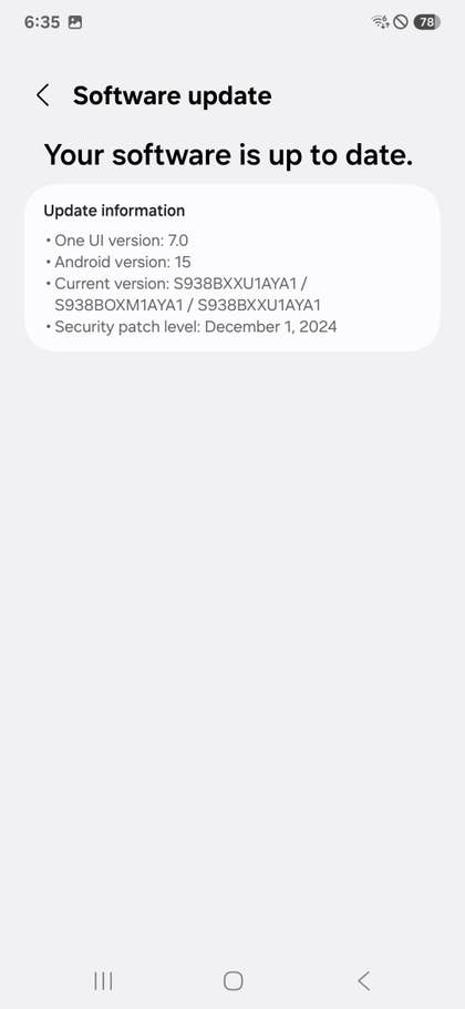 Samsung Galaxy S25 Ultra software update screen showing version details.