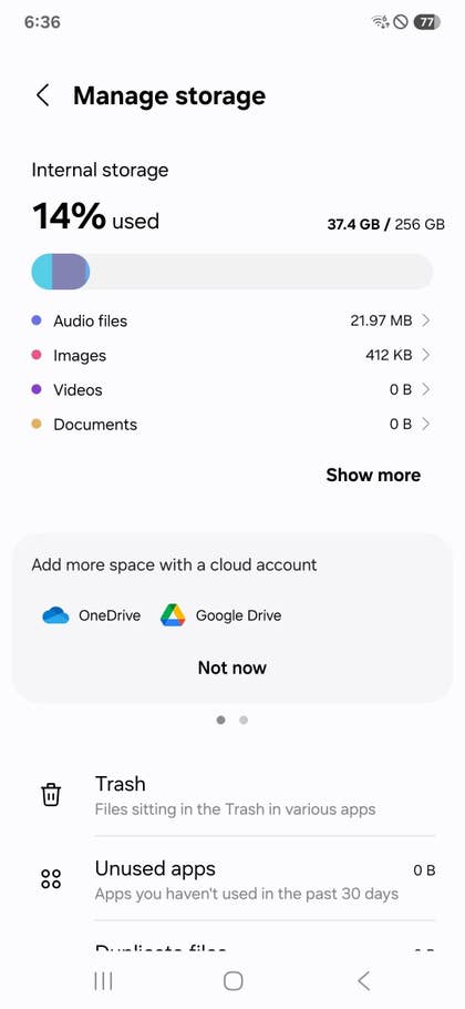 Storage management screen showing 37.4 GB used on a Samsung Galaxy S25 Ultra with options for cloud storage.