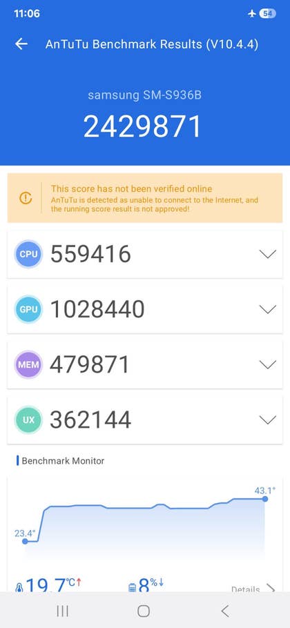 AnTuTu benchmark results for Samsung Galaxy S25 Plus, score: 2429871, CPU: 559416, GPU: 1028440.