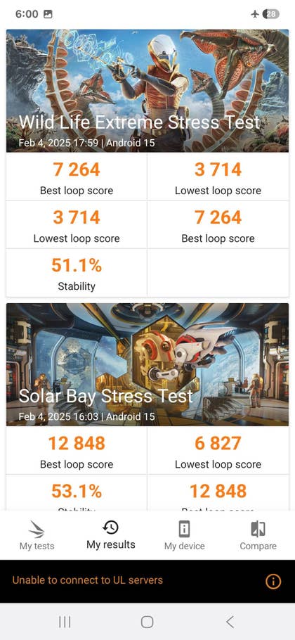 Performance scores from stress tests on a Samsung Galaxy S25 Plus running Android 15.