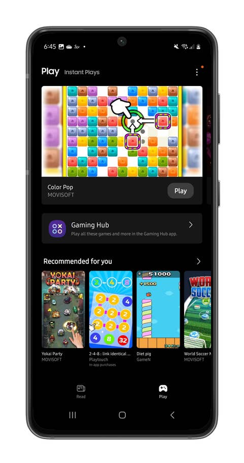 Samsung phone screen displaying the Gaming Hub with various game options.