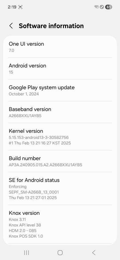 Software information for Samsung Galaxy A26, showing One UI version 7.0, Android version 15, and other details.