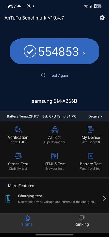 AnTuTu Benchmark V10.4.7 results for Samsung Galaxy A26 with a score of 554853.
