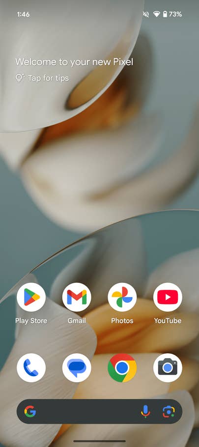 Google Pixel 9a home screen with app icons and welcome message.
