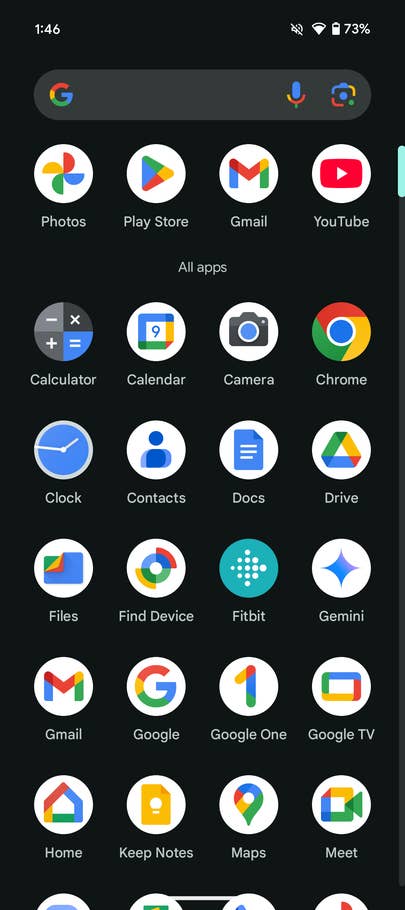Google Pixel 9a app interface showing pre-installed apps like Photos, Gmail, and YouTube.