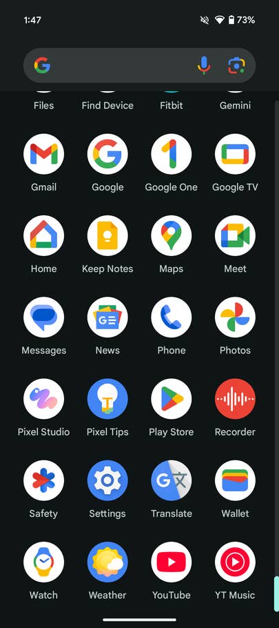 Google Pixel 9a app interface showing pre-installed apps like Photos, Gmail, and YouTube.