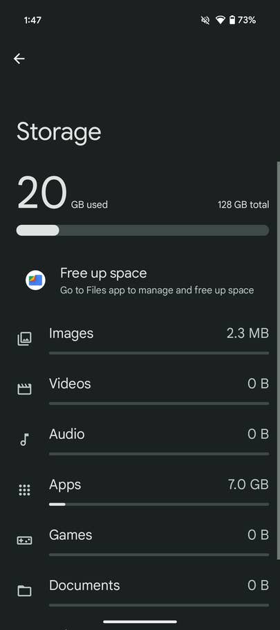 Storage interface of Google Pixel 9a showing 20 GB used out of 128 GB total.