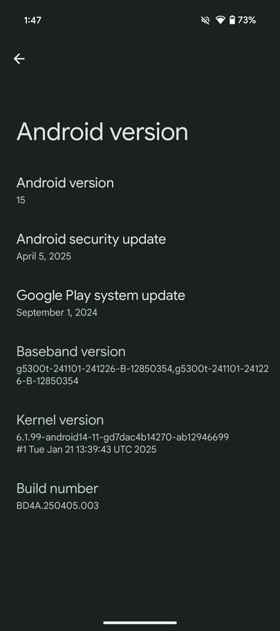 Android version interface showing version 15, updates, baseband, kernel, and build number.