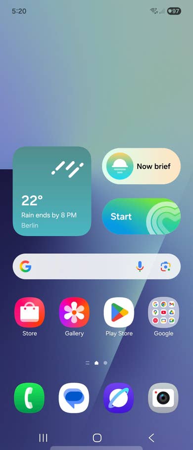 Samsung Galaxy Z Flip 7 home screen with weather, time, and app icons.