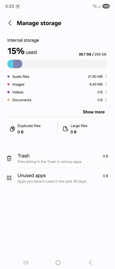 Samsung Galaxy Z Fold 7 storage management screenshot showing 15% used of 256 GB.