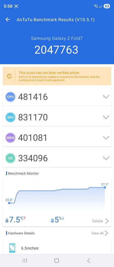 AnTuTu Benchmark results for Samsung Galaxy Z Fold 7: total score 2047763, CPU 481416, GPU 831170, MEM 401081, UX 334096.