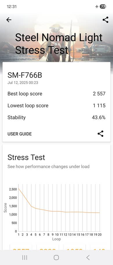 Benchmark results for Samsung Galaxy Z Flip 7, showing Steel Nomad Light Stress Test scores.