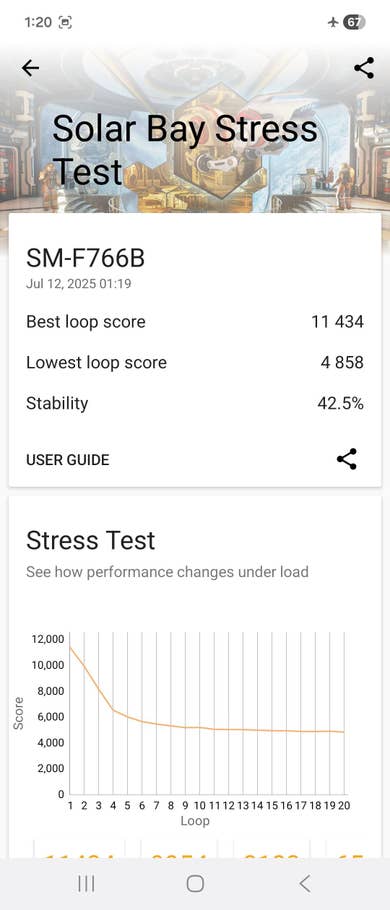 Samsung Galaxy Z Flip 7 Solar Bay benchmark results showing scores and stability metrics.