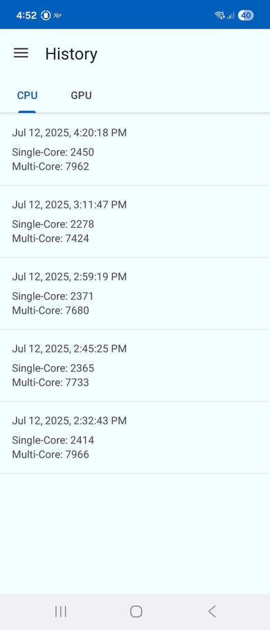 Samsung Galaxy Z Flip 7 Geekbench benchmark results showing various single-core and multi-core scores.