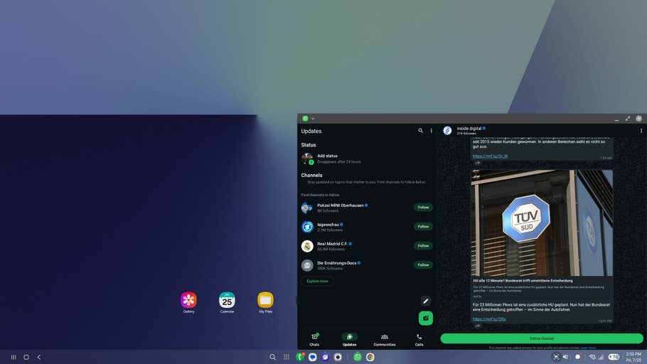 Screenshot of Samsung Galaxy Z Fold 7 displaying a digital updates interface with status and channel options.