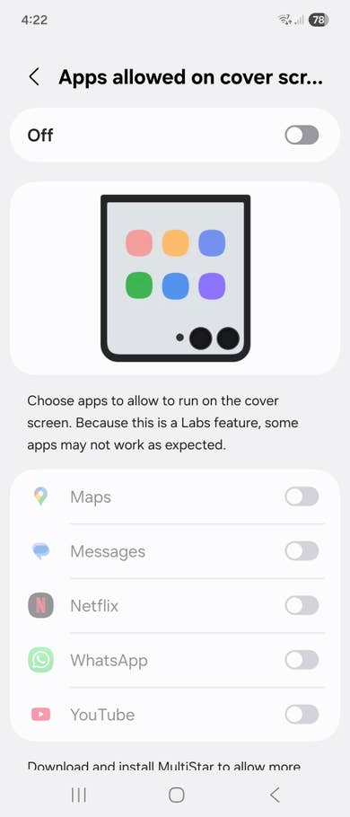 Samsung Galaxy Z Flip 7 settings for apps allowed on cover screen with options for Maps, Messages, Netflix, WhatsApp, YouTube.