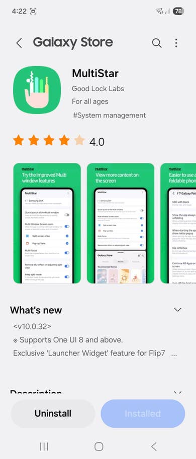 Samsung Galaxy Store interface displaying the MultiStar app by Good Lock Labs, rated 4.0 stars.