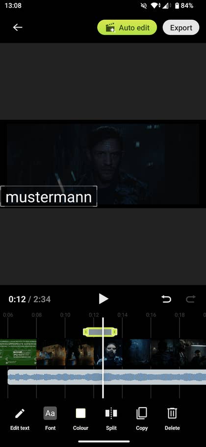 Screenshot of the Sony Xperia 1 VII Video Creator app, showing a video timeline and the text u0027mustermannu0027.