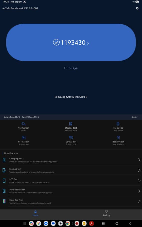 AnTuTu Benchmark score of 1193430 on Samsung Galaxy Tab S10 FE, showing battery and CPU temperature.