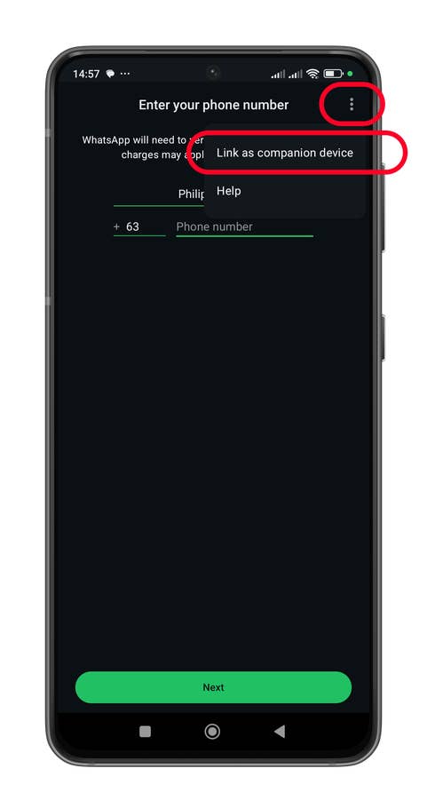 WhatsApp phone number entry screen with options u0027Link as companion deviceu0027 and u0027Helpu0027.