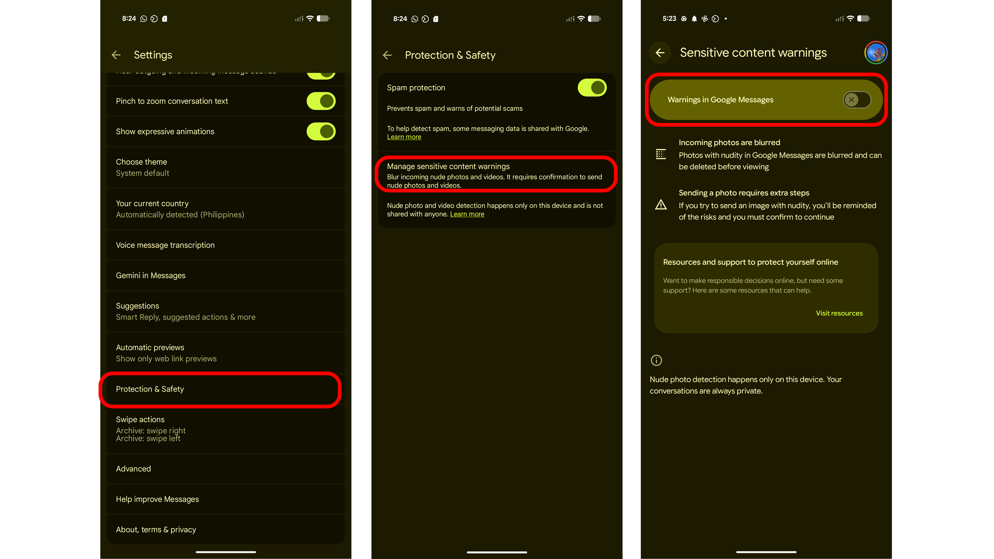 Google Messages' Sensitive Content Warnings feature