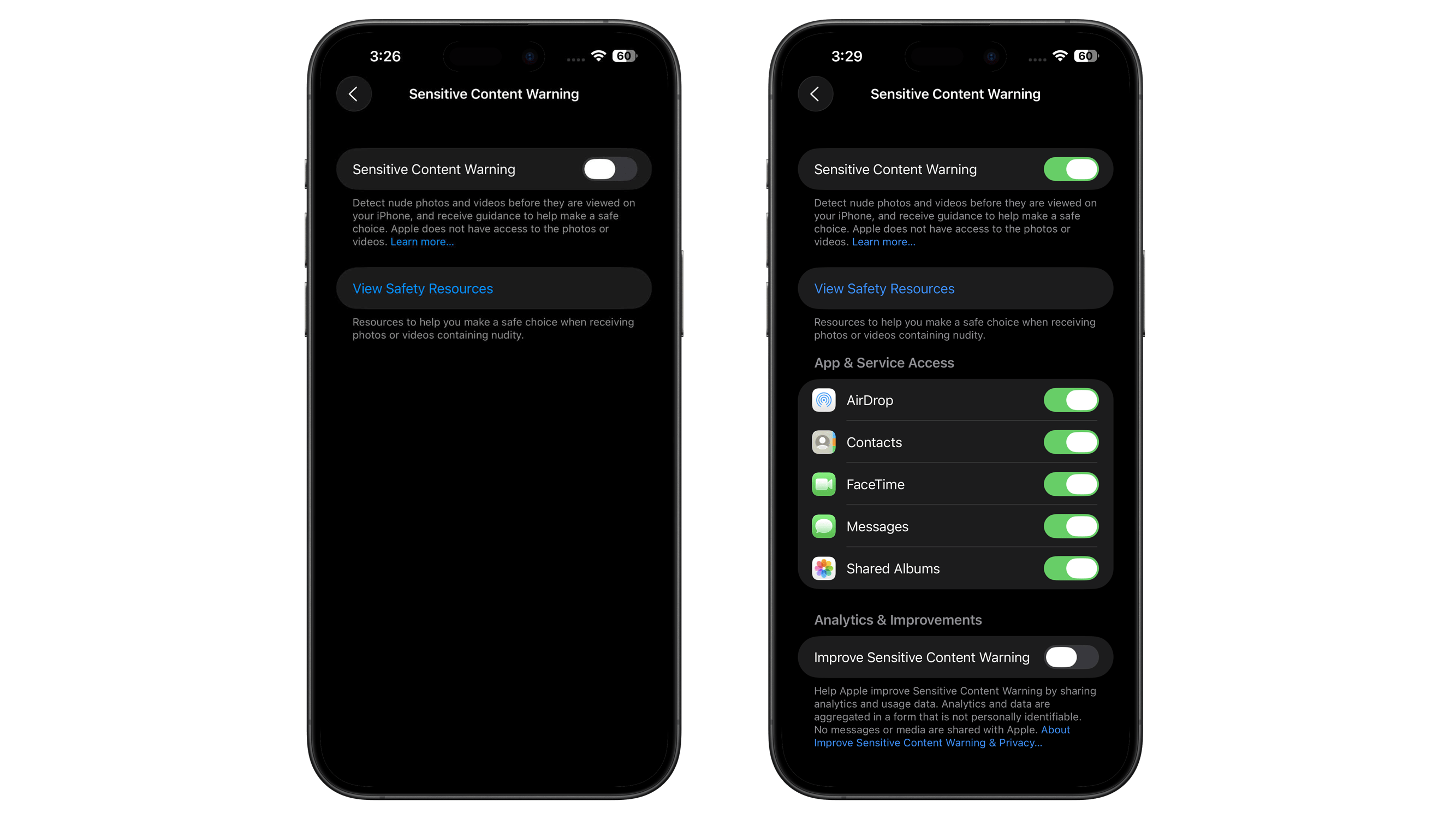 iPhone settings showing 'Sensitive Content Warning' options and app access features.