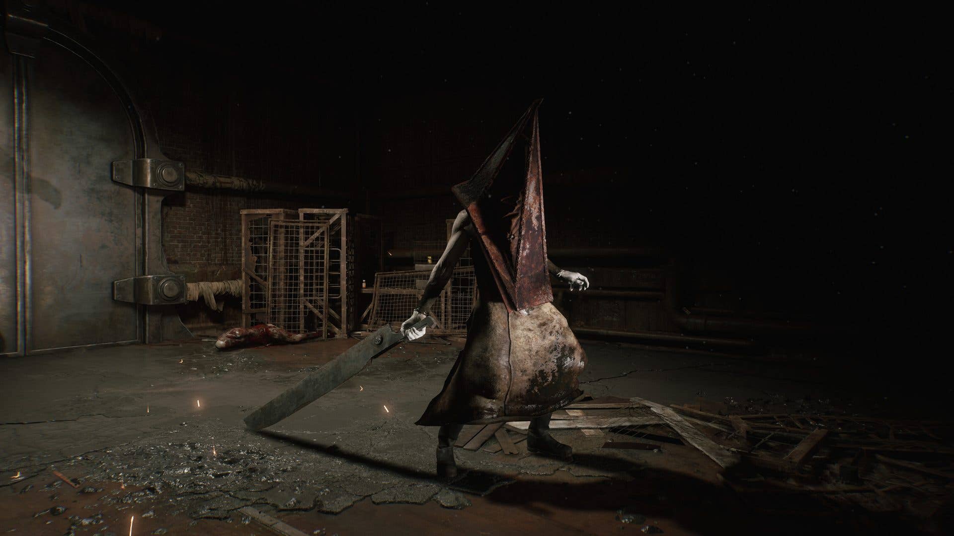 A character with a pyramid-shaped head holding a large sword in a dark, industrial environment.