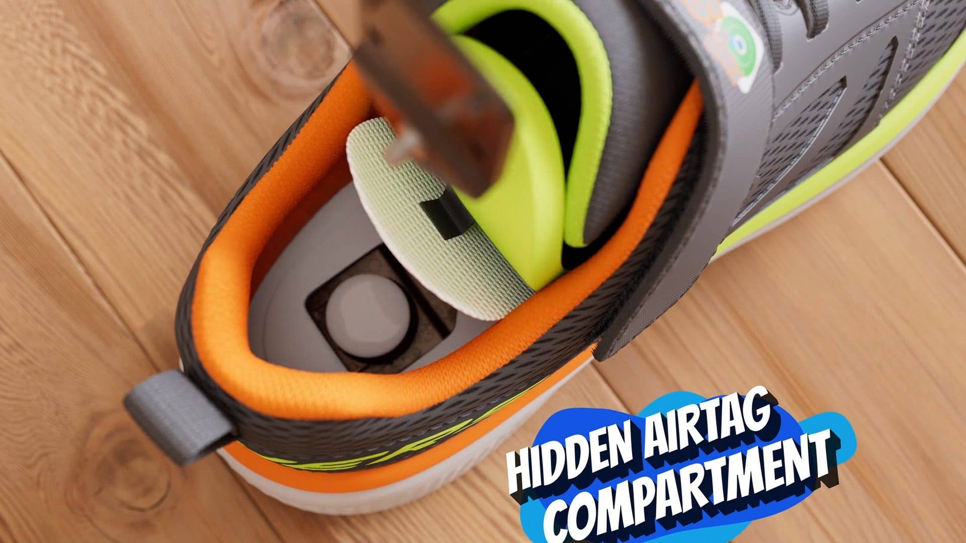 A top view of a Skechers shoe showing a hidden AirTag compartment.