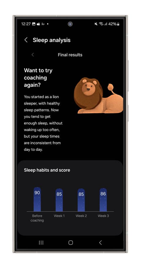 Samsung Health app sleep analysis results with a lion character and sleep scores for three weeks.