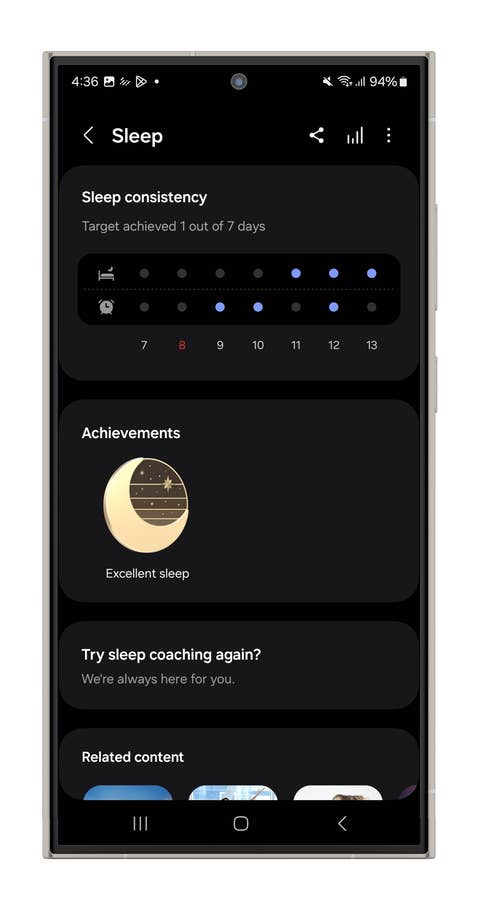 Samsung Health app sleep tracking interface showing sleep consistency and achievements.