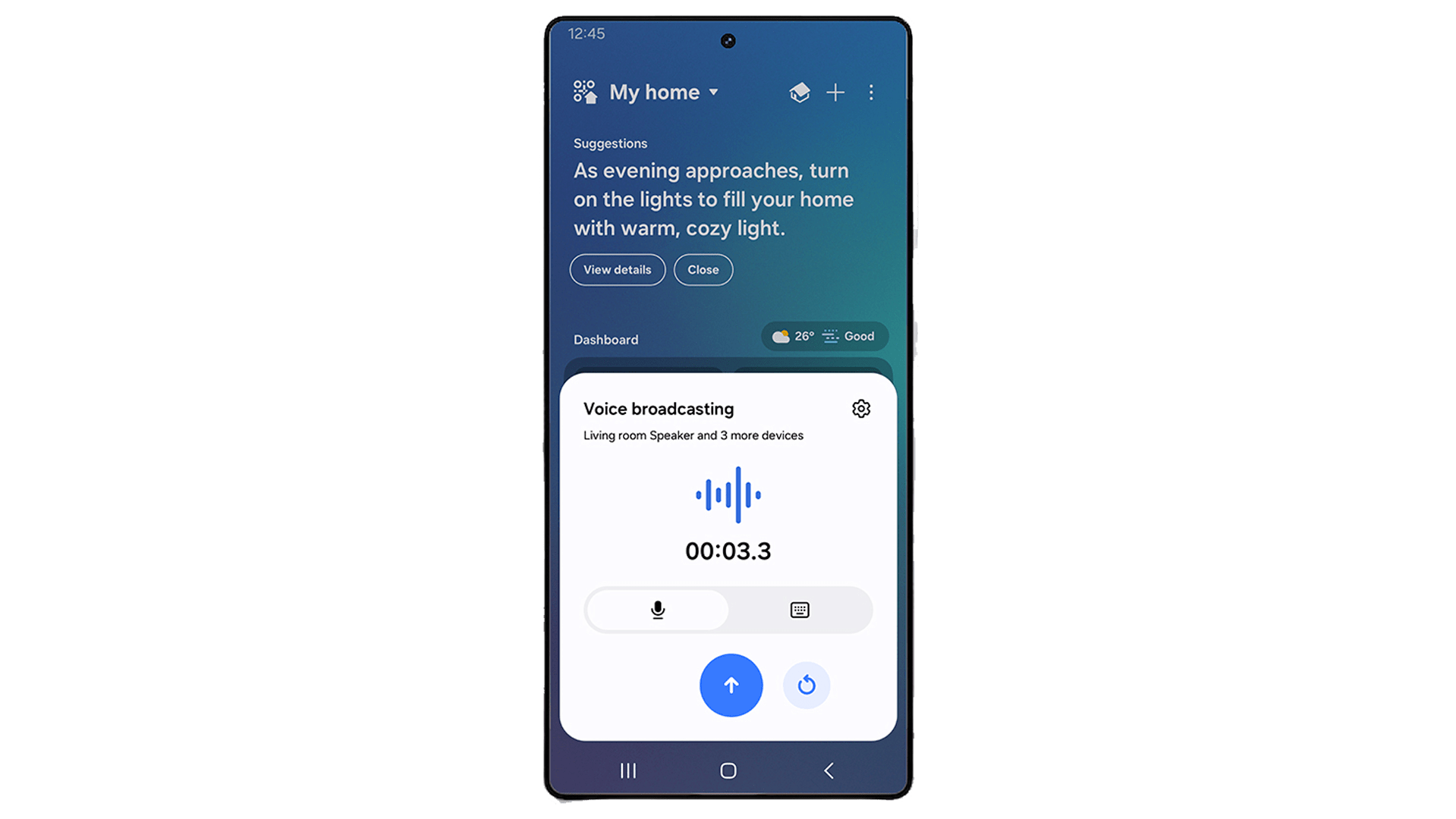SmartThings app interface showing home lighting suggestions and voice broadcasting feature.