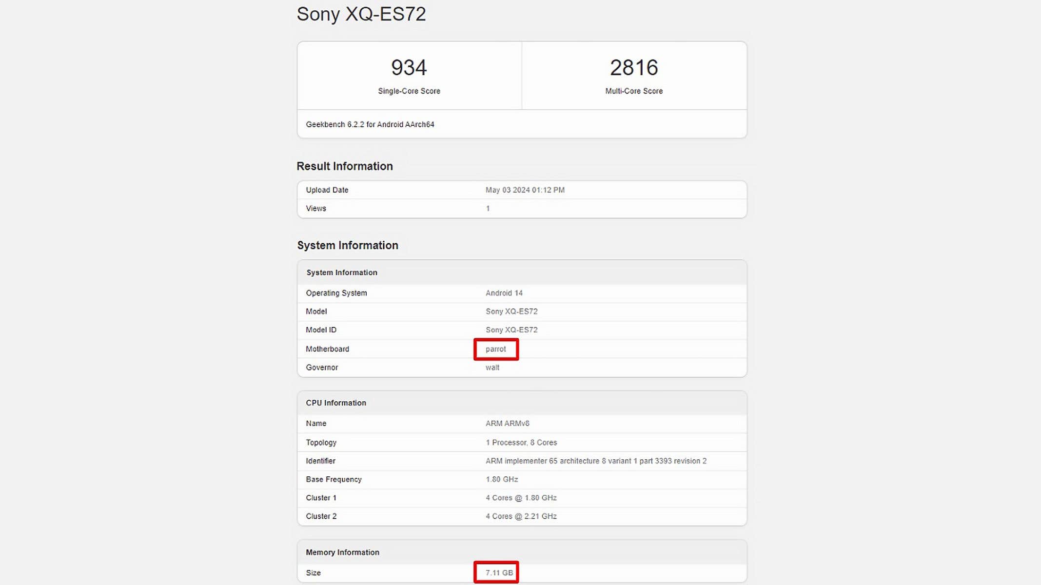 Sony Xperia 10 VI's Snapdragon 6 Gen 1 benchmark