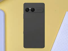 Sony Xperia 10 VII smartphone seen from the back on a yellow surface.
