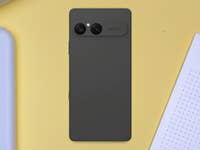 Sony Xperia 10 VII smartphone seen from the back on a yellow surface.