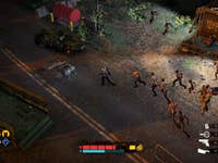 An overhead view of a character surrounded by zombies in a post-apocalyptic setting, with vehicles and debris around.