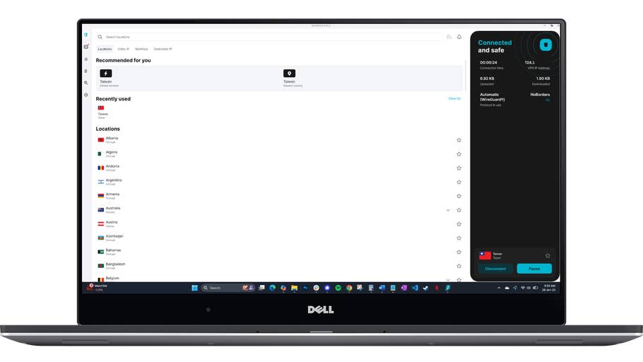 Laptop screen displaying a VPN application with location settings and connection status.
