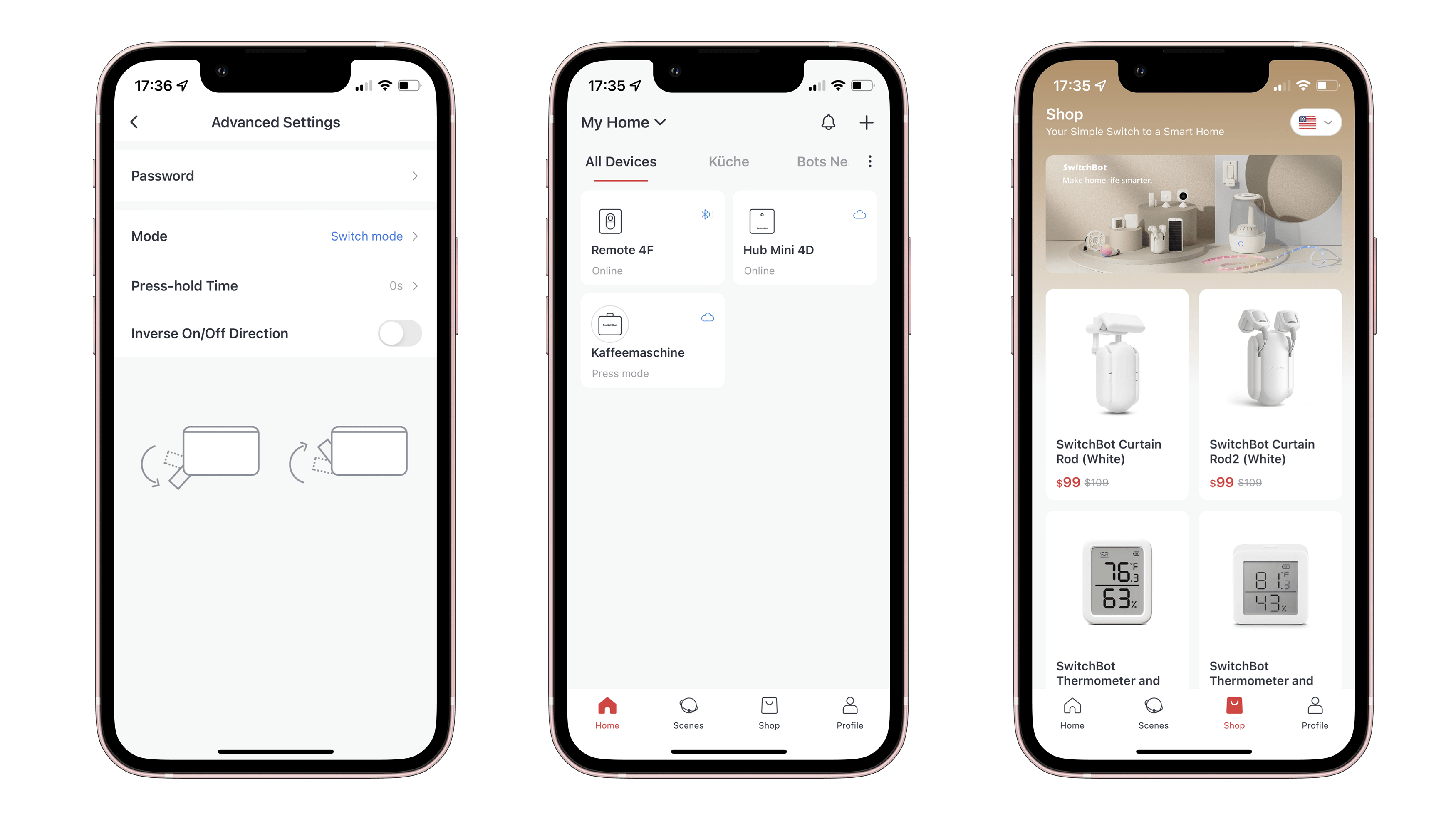 Die Switchbot-App auf drei Screenshots.