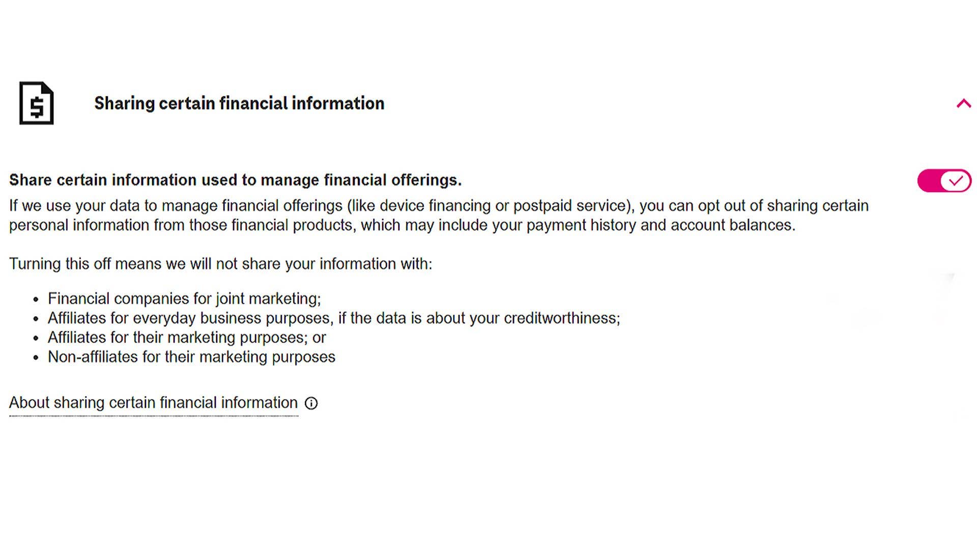 Document about sharing financial information for T-Mobile services.