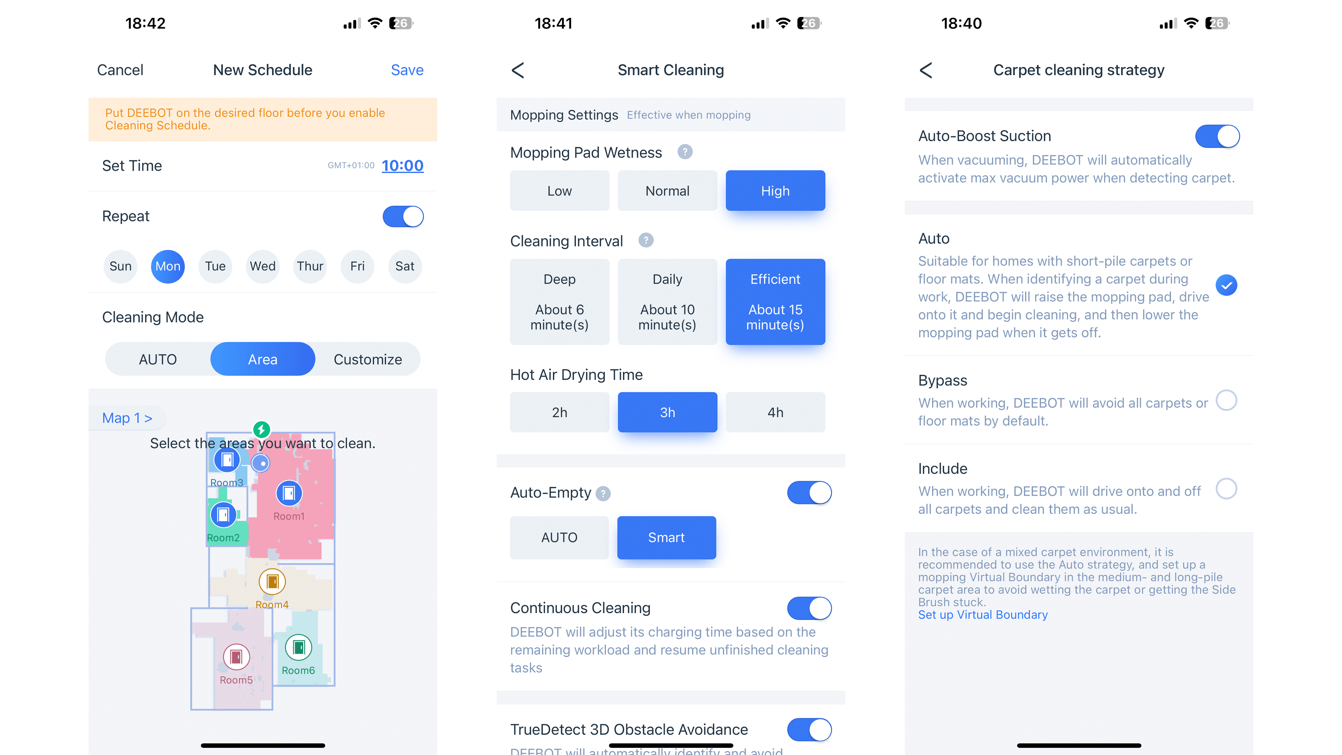Cleaning settings on the Ecovacs Home App
