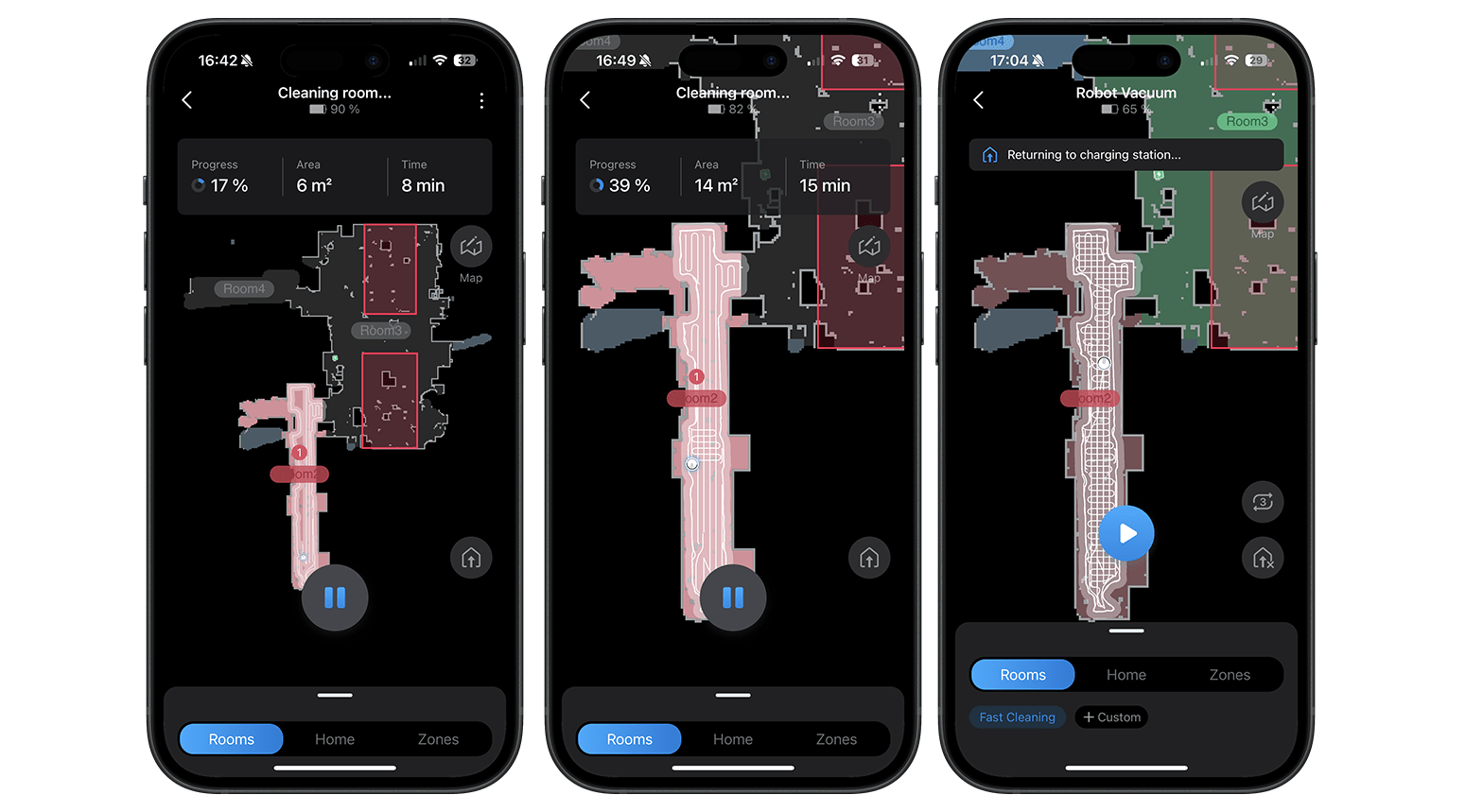Screenshots of the Tapo RV30 Max Plus app showing cleaning progress and area maps. Screenshots of the Tapo RV30 Max Plus app showing cleaning progress and area maps.