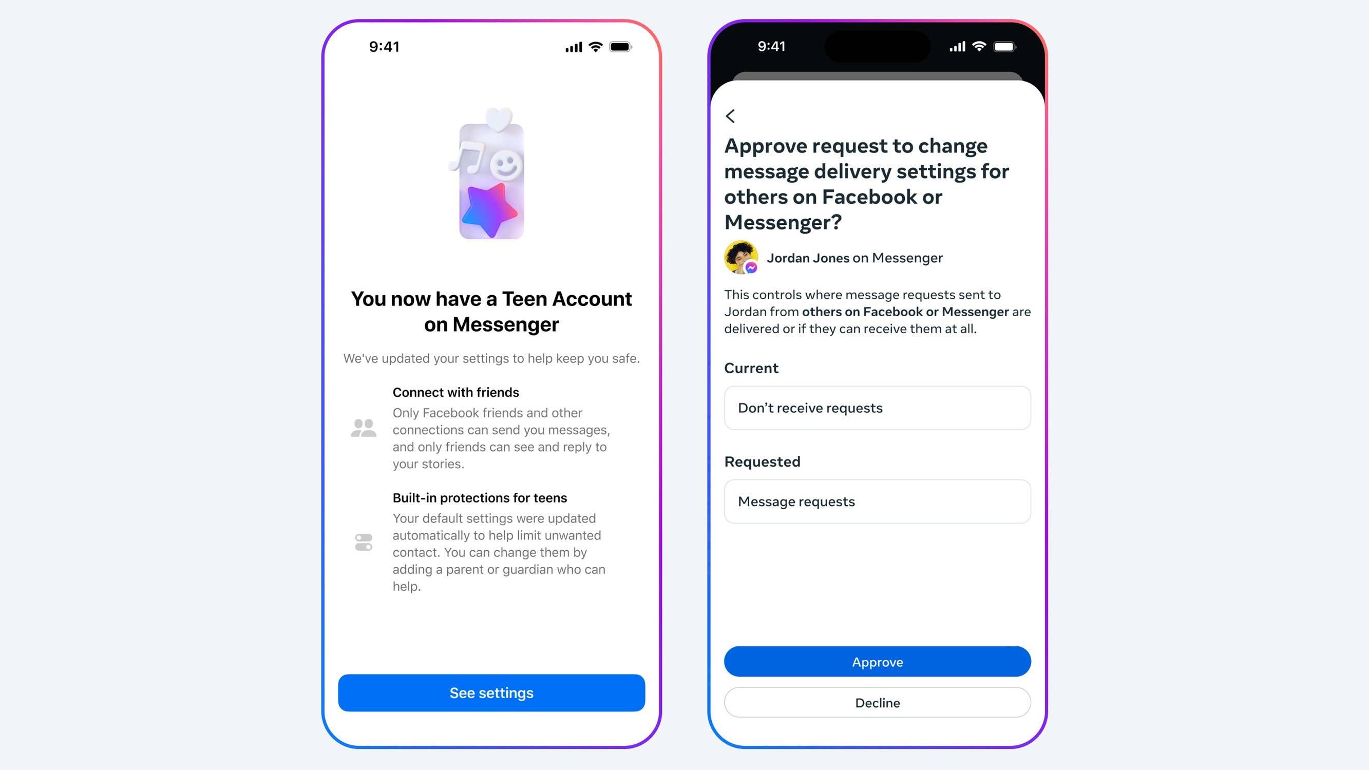 Teen Account setup on Messenger with settings for safety and message requests.